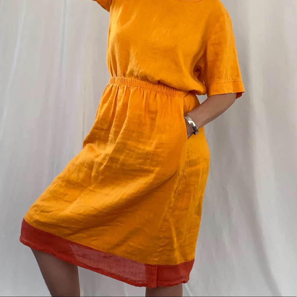 Vintage linen skirt and blouse set by FLAX, canary yellow orange - Picture 6 of 6